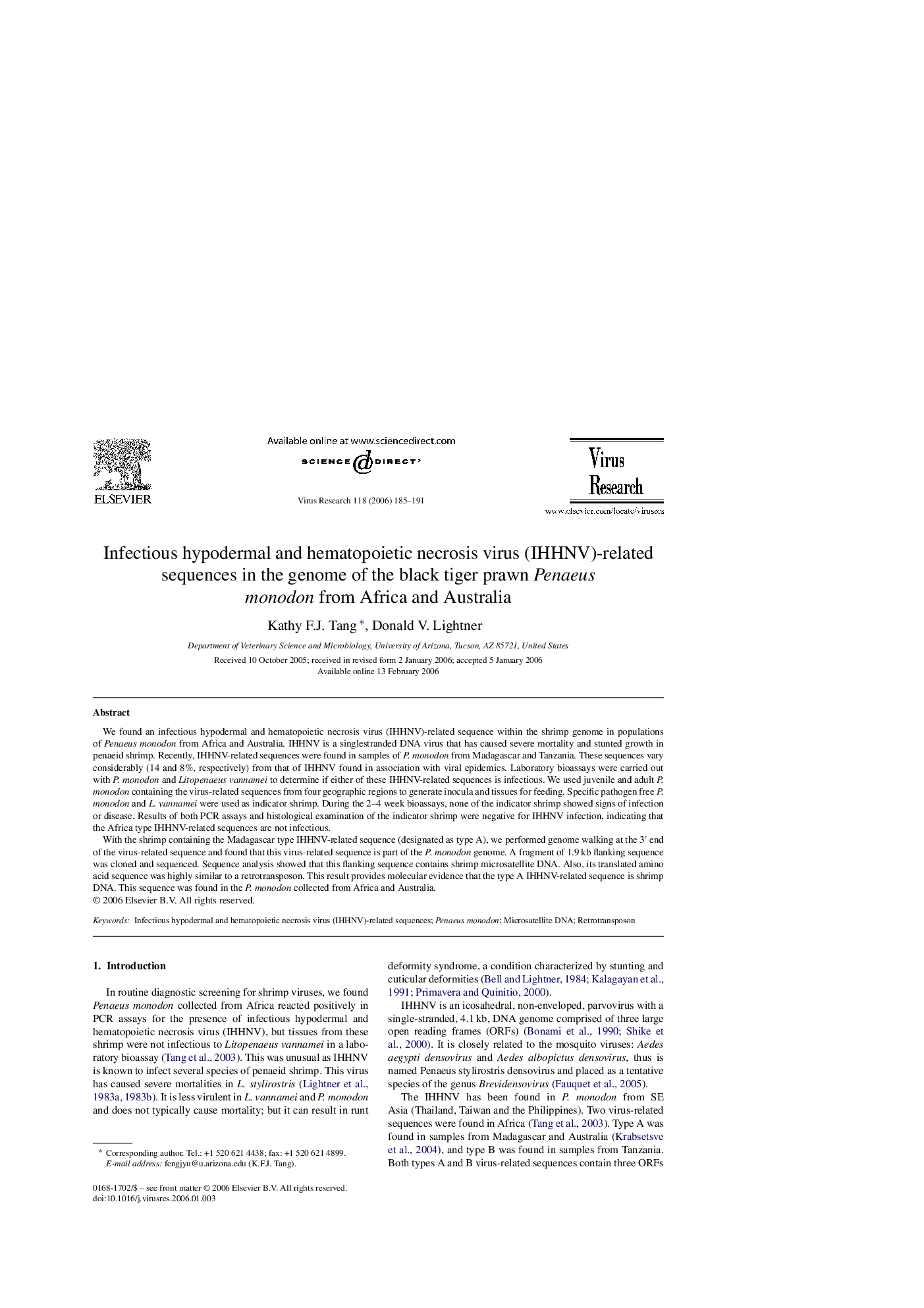 Infectious hypodermal and hematopoietic necrosis virus (IHHNV)-related sequences in the genome of the black tiger prawn Penaeus monodon from Africa and Australia