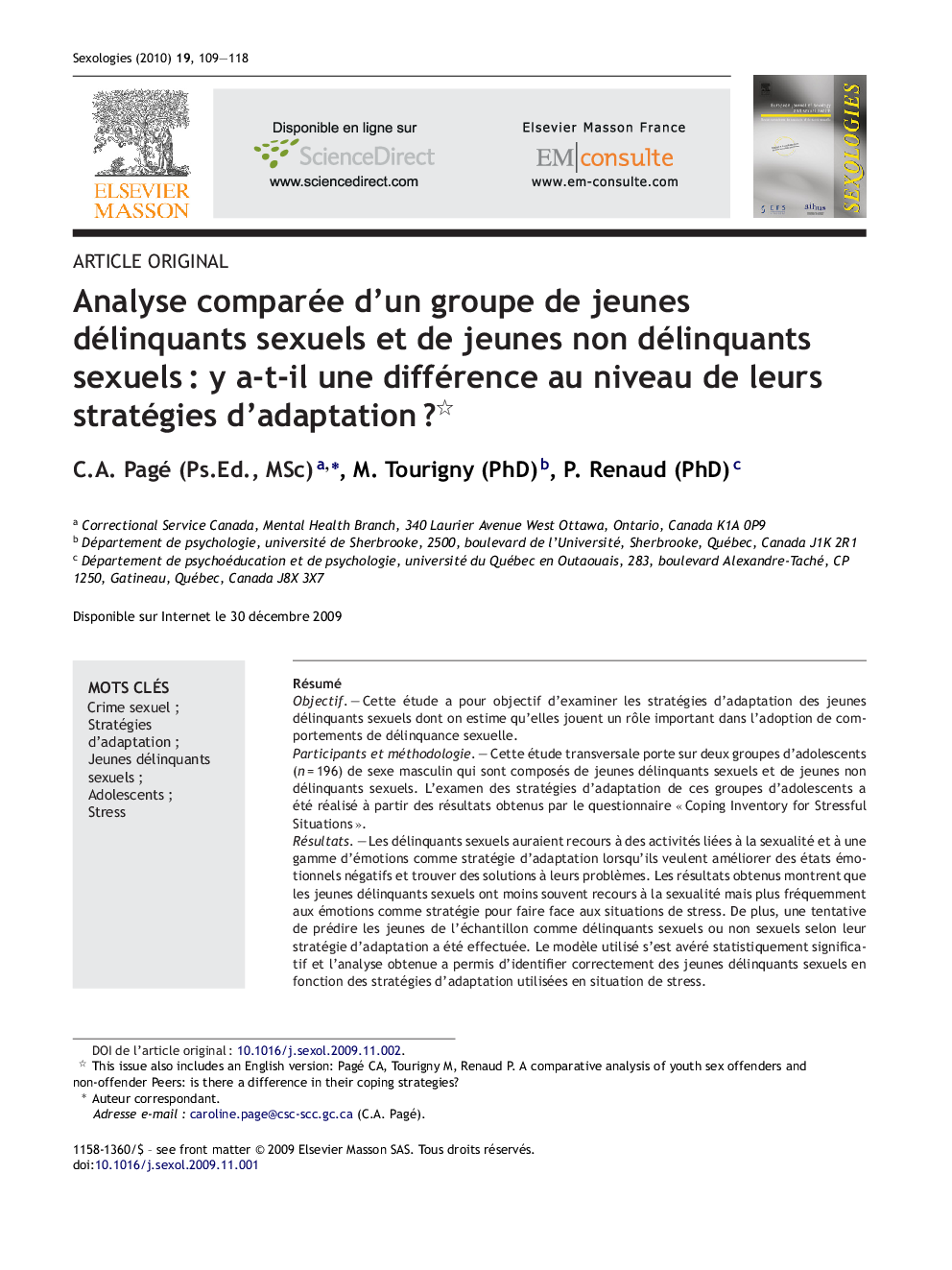 عکس صفحه اول مقاله: Analyse comparée d’un groupe de jeunes délinquants sexuels et de jeunes non délinquants sexuels : y a-t-il une différence au niveau de leurs stratégies d’adaptation ? Analyse comparée d’un groupe de jeunes délinquants sexuels et de jeunes non délinquants sexuels : y a-t-il une différence au niveau de leurs stratégies d’adaptation ?