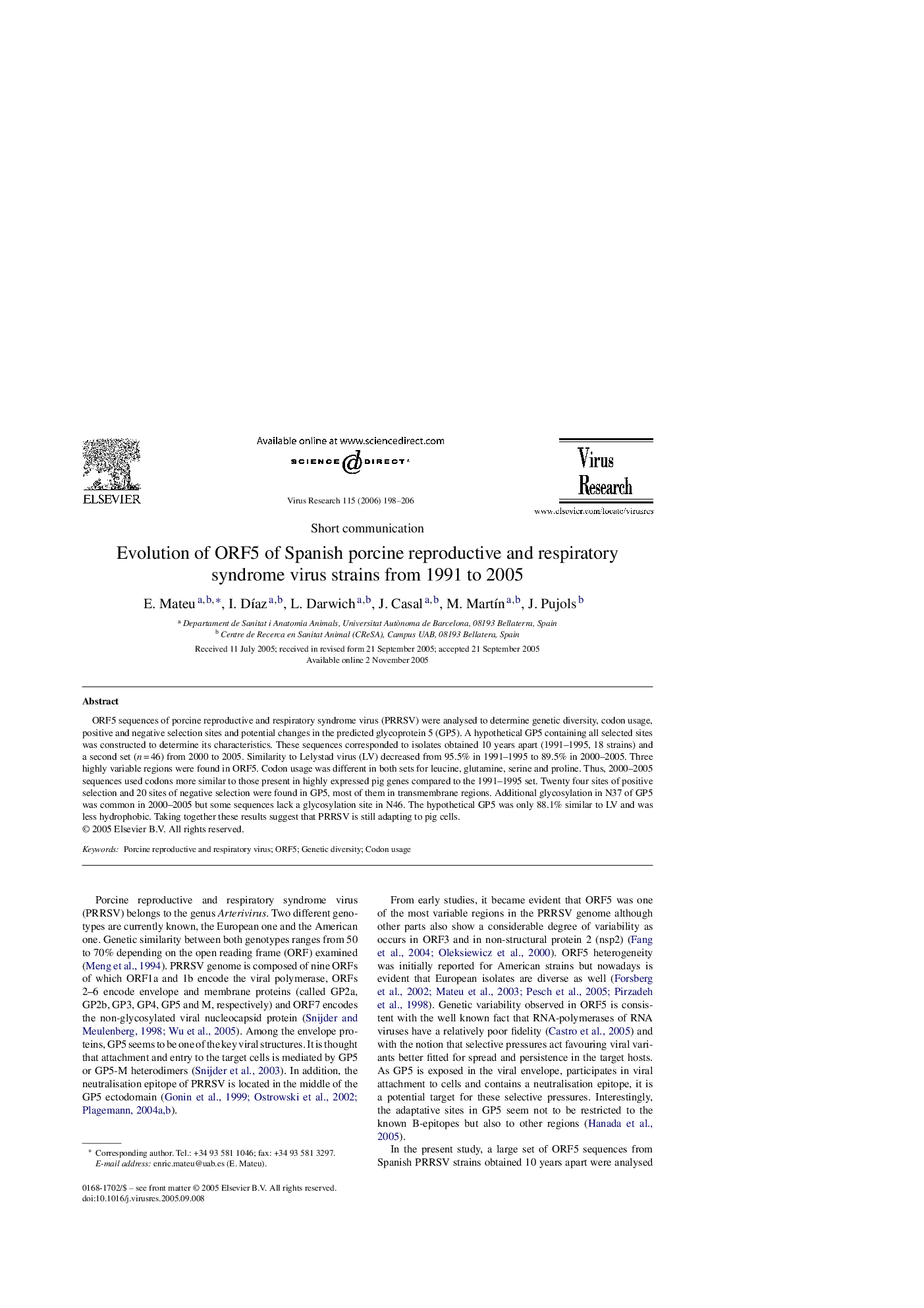 Evolution of ORF5 of Spanish porcine reproductive and respiratory syndrome virus strains from 1991 to 2005