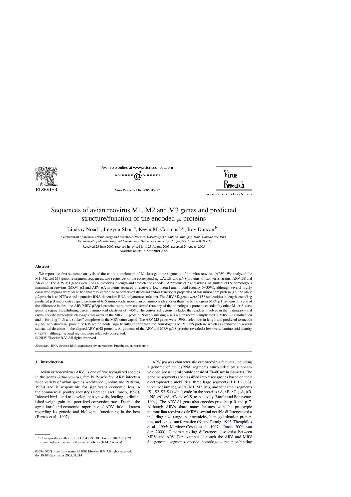 Sequences of avian reovirus M1, M2 and M3 genes and predicted structure/function of the encoded μ proteins