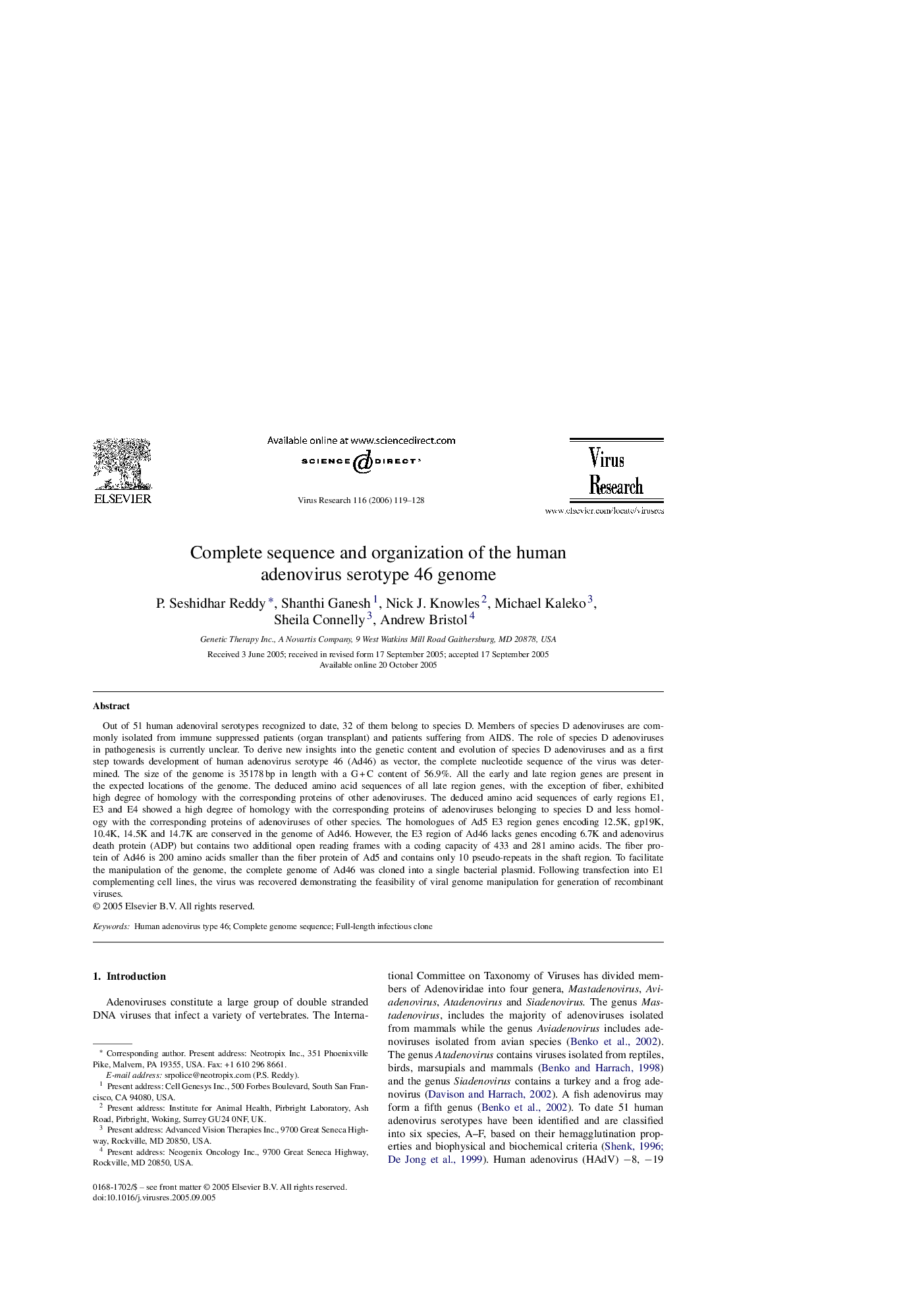 Complete sequence and organization of the human adenovirus serotype 46 genome