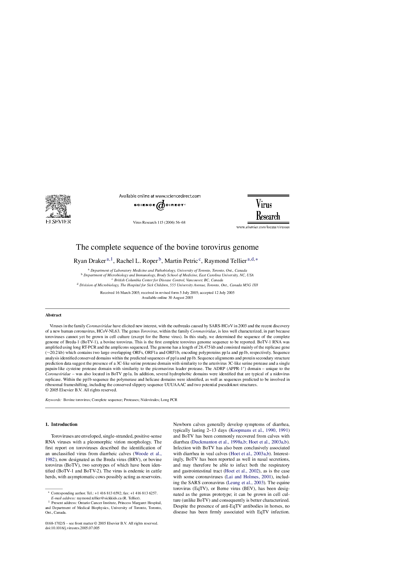 The complete sequence of the bovine torovirus genome