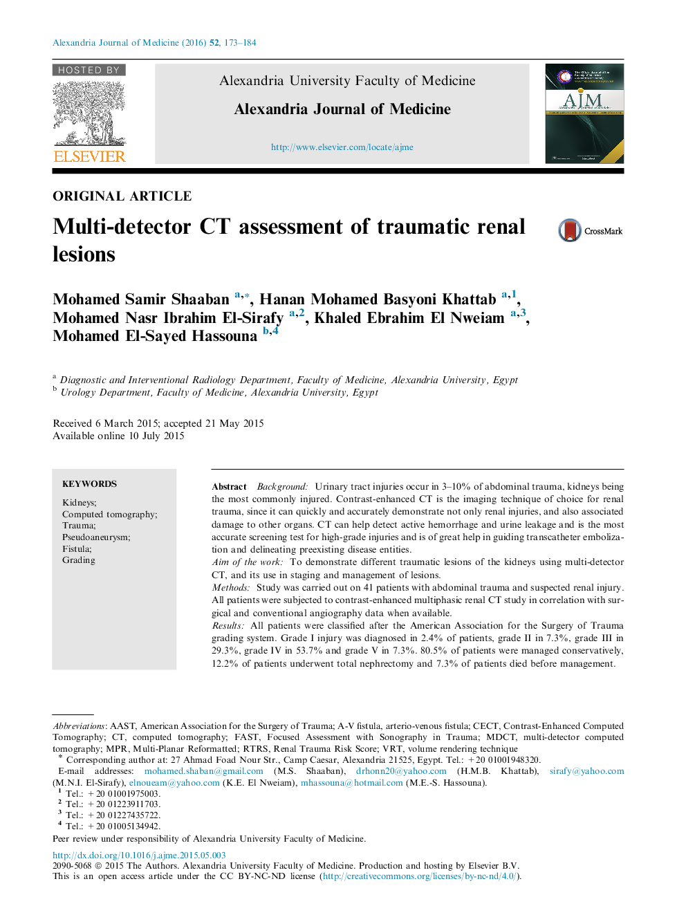 عکس صفحه اول مقاله: Multi-detector CT assessment of traumatic renal lesions Multi-detector CT assessment of traumatic renal lesions