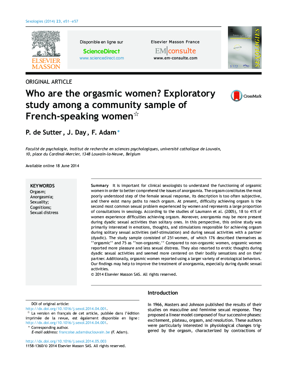 Who are the orgasmic women? Exploratory study among a community sample of French-speaking women 