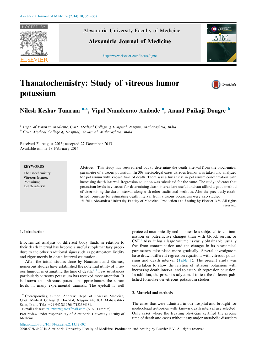 Thanatochemistry: Study of vitreous humor potassium 