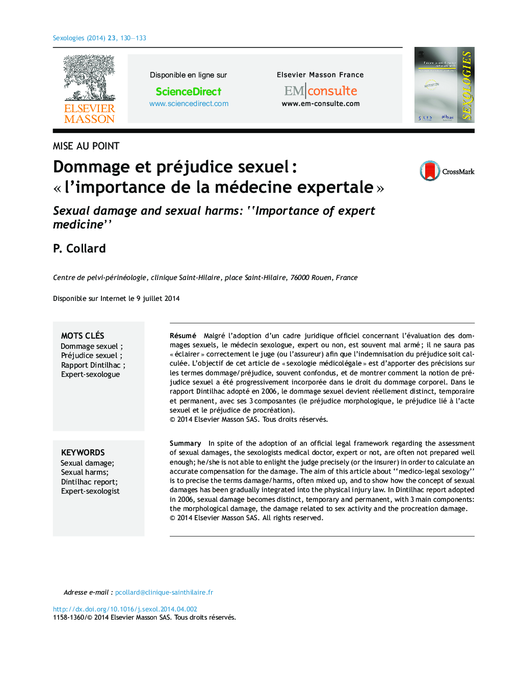 عکس صفحه اول مقاله: Dommage et préjudice sexuel : « l’importance de la médecine expertale » Dommage et préjudice sexuel : « l’importance de la médecine expertale »