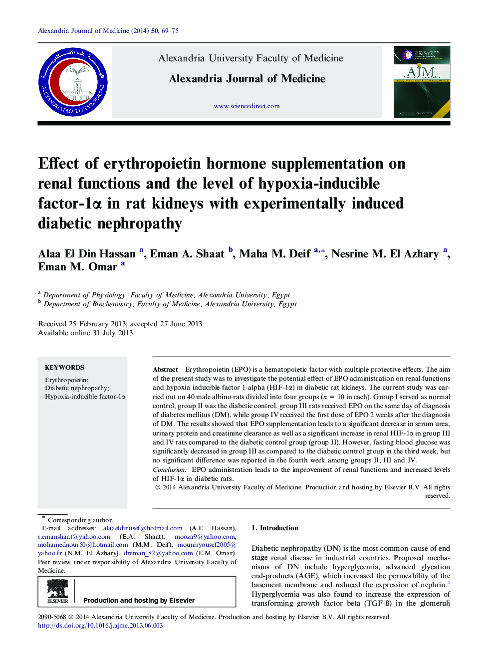 Effect of erythropoietin hormone supplementation on renal functions and the level of hypoxia-inducible factor-1α in rat kidneys with experimentally induced diabetic nephropathy 