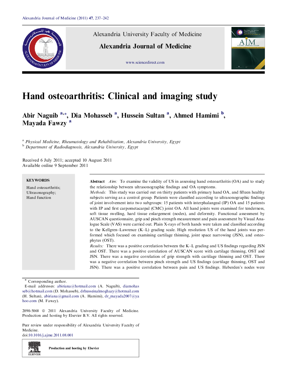 عکس صفحه اول مقاله: Hand osteoarthritis: Clinical and imaging study Hand osteoarthritis: Clinical and imaging study