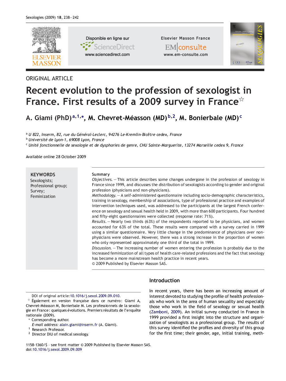 Recent evolution to the profession of sexologist in France. First results of a 2009 survey in France 