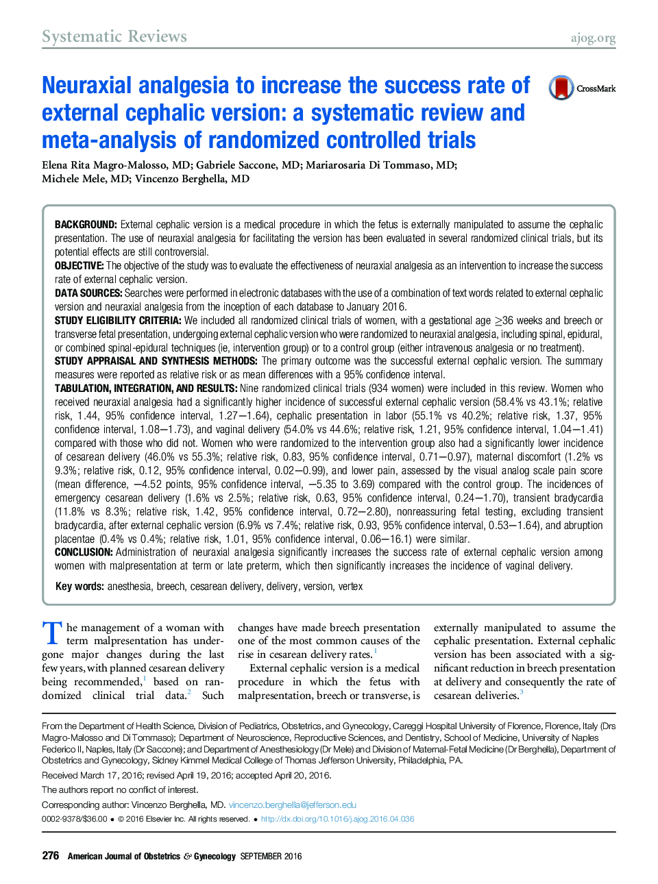 Neuraxial analgesia to increase the success rate of external cephalic version: a systematic review and meta-analysis of randomized controlled trials 