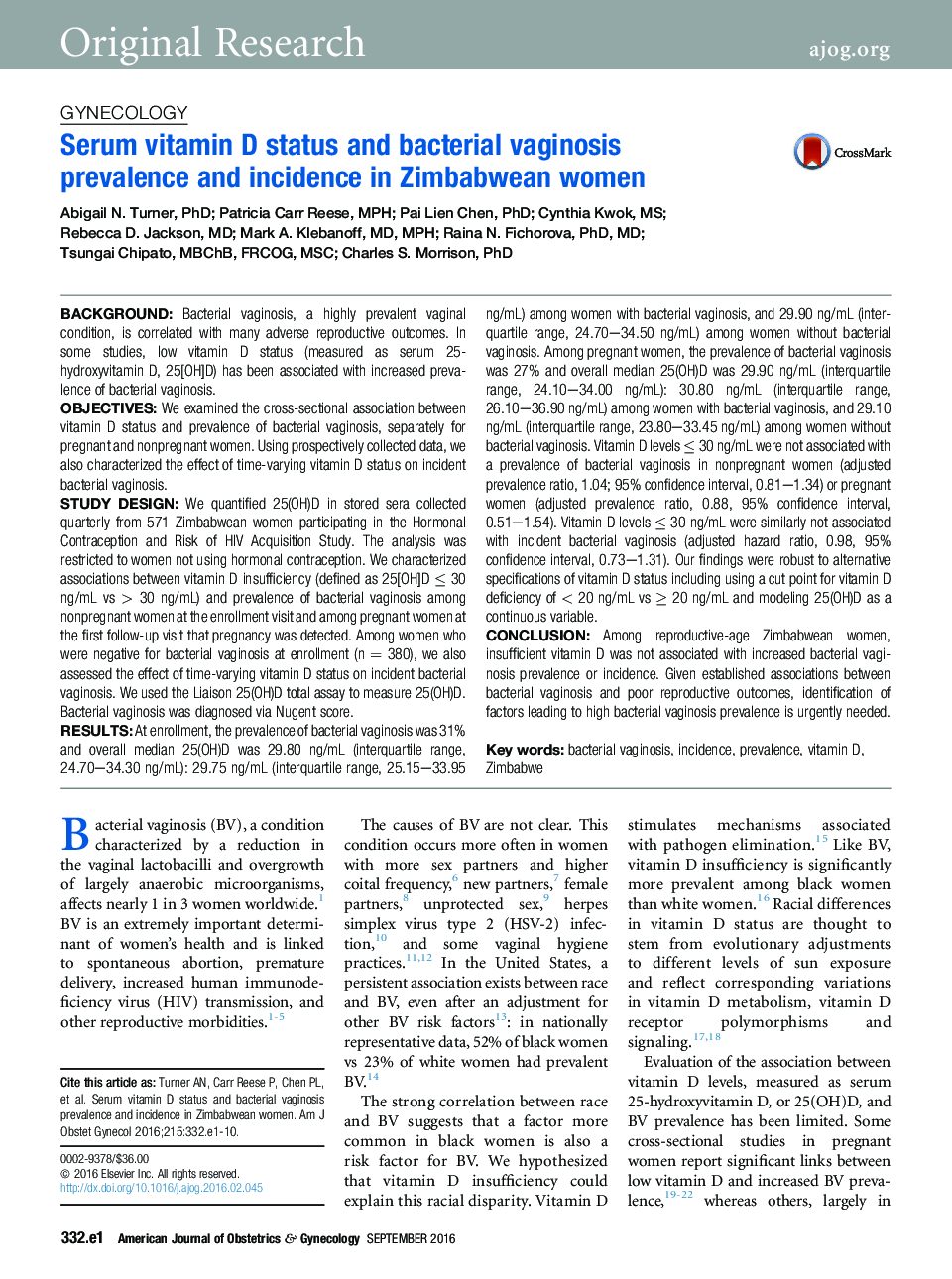 Serum vitamin D status and bacterial vaginosis prevalence and incidence in Zimbabwean women