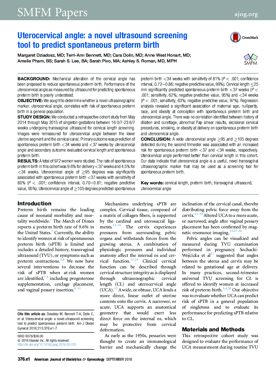 Uterocervical angle: a novel ultrasound screening tool to predict spontaneous preterm birth