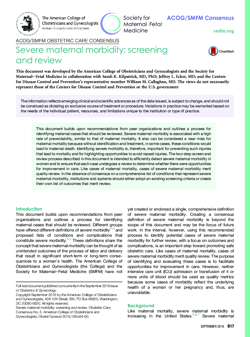 Severe maternal morbidity: screening and review 