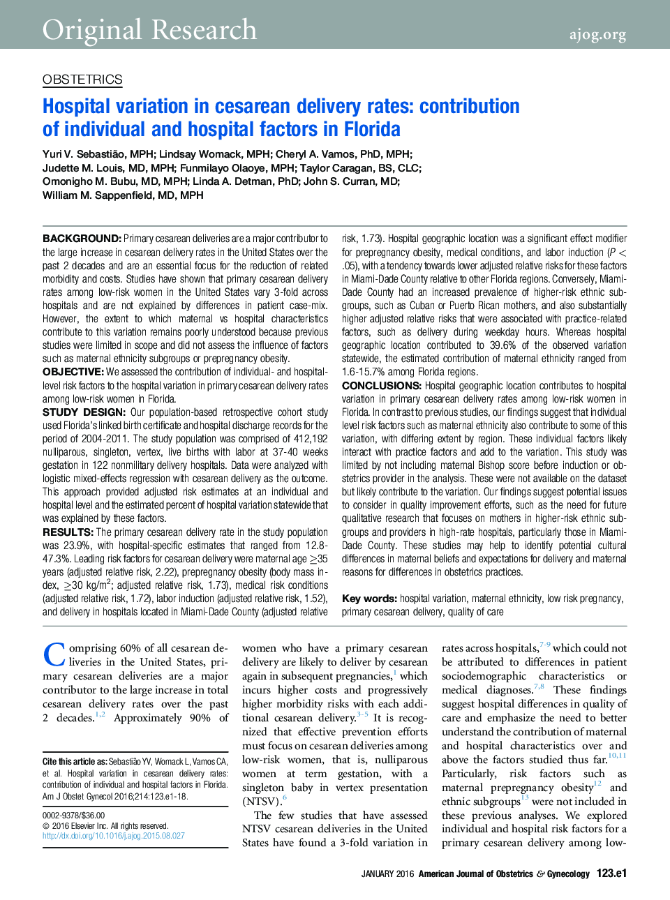 Hospital variation in cesarean delivery rates: contribution of individual and hospital factors in Florida