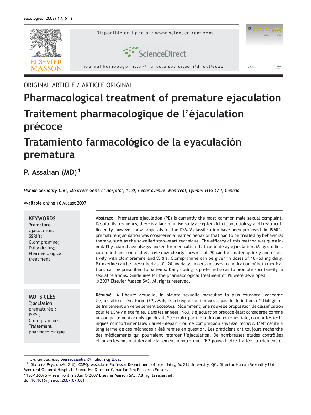 Pharmacological treatment of premature ejaculation