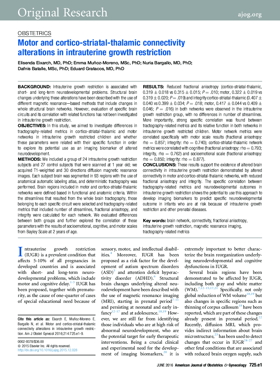 Motor and cortico-striatal-thalamic connectivity alterations in intrauterine growth restriction