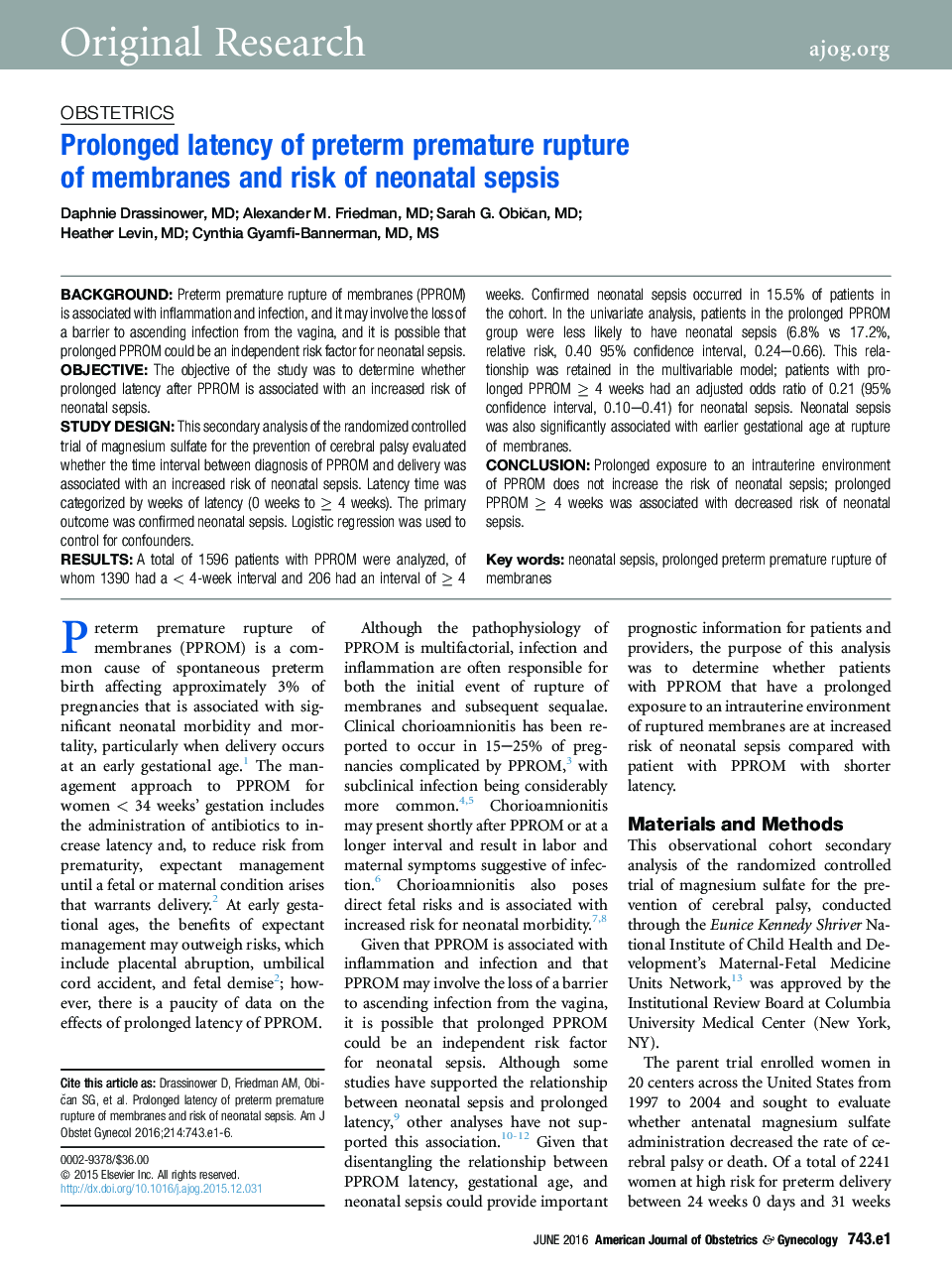 Prolonged latency of preterm premature rupture of membranes and risk of neonatal sepsis