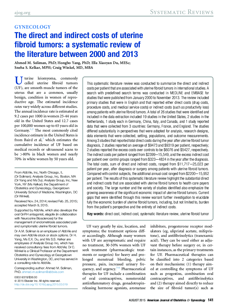 The direct and indirect costs of uterine fibroid tumors: a systematic review of the literature between 2000 and 2013 