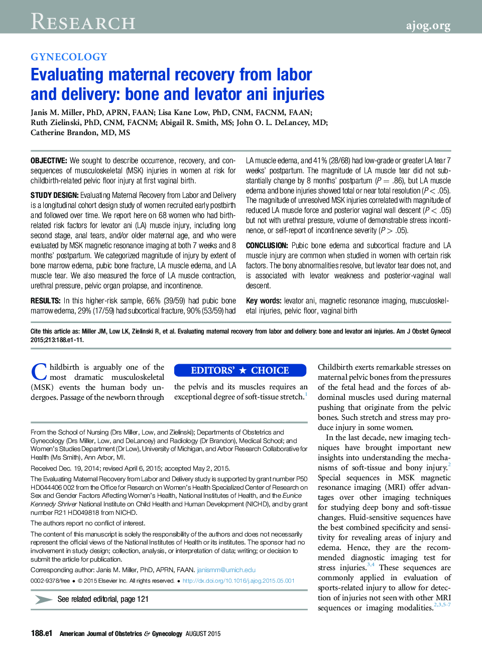 Evaluating maternal recovery from labor and delivery: bone and levator ani injuries