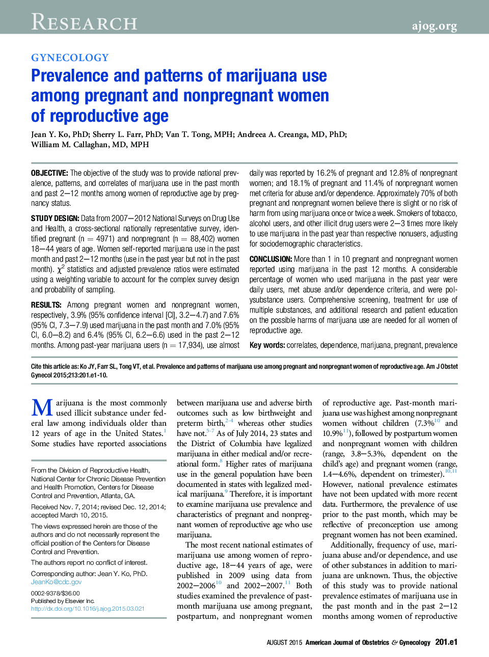 شیوع و الگوهای استفاده از ماری جوانا در زنان باردار و غیر باردار در سن باروری 