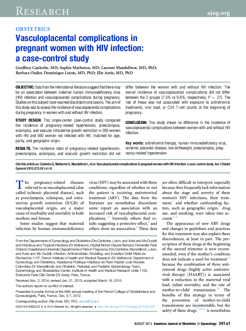 Vasculoplacental complications in pregnant women with HIV infection: a case-control study