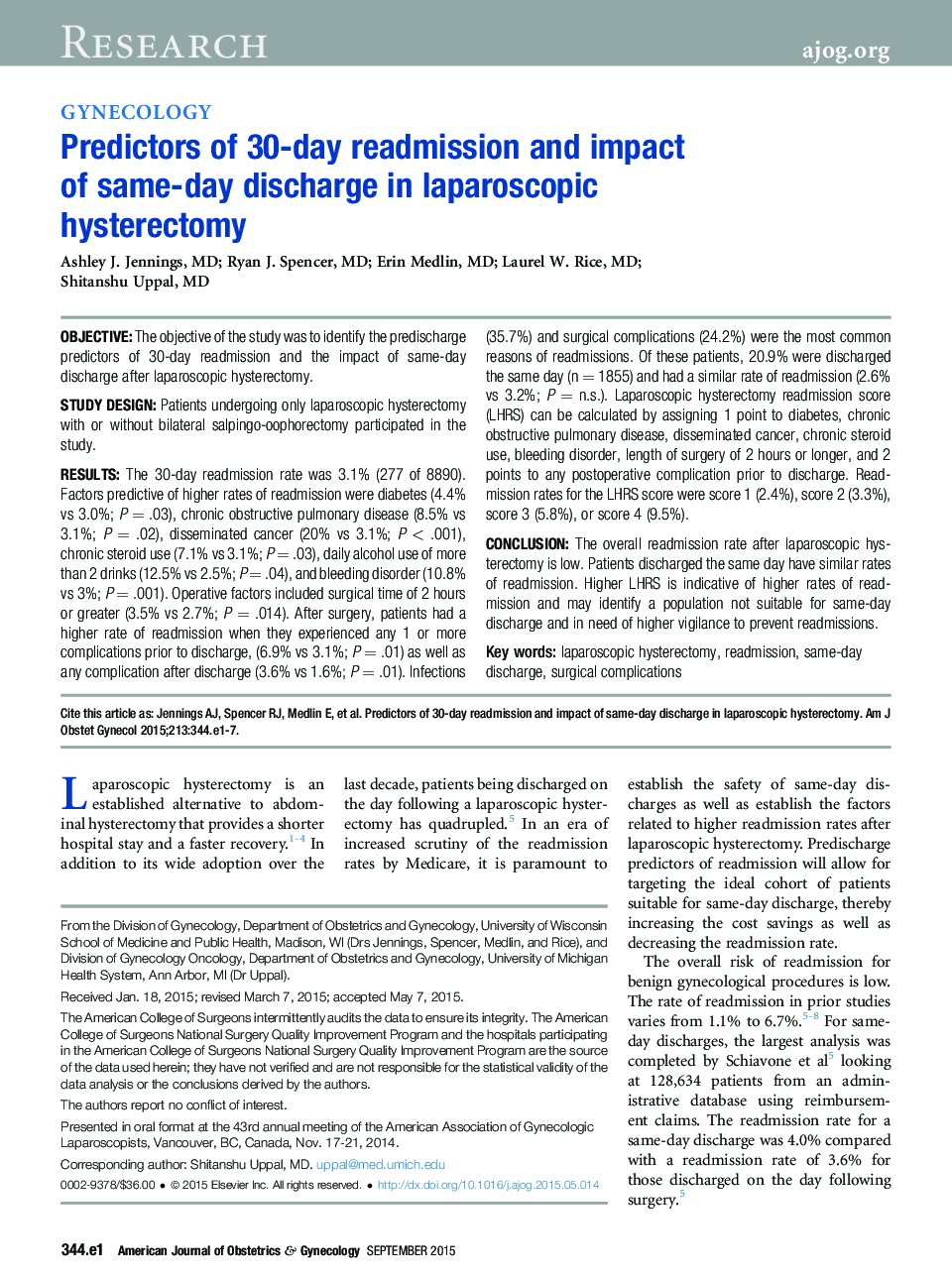 Predictors of 30-day readmission and impact of same-day discharge in laparoscopic hysterectomy