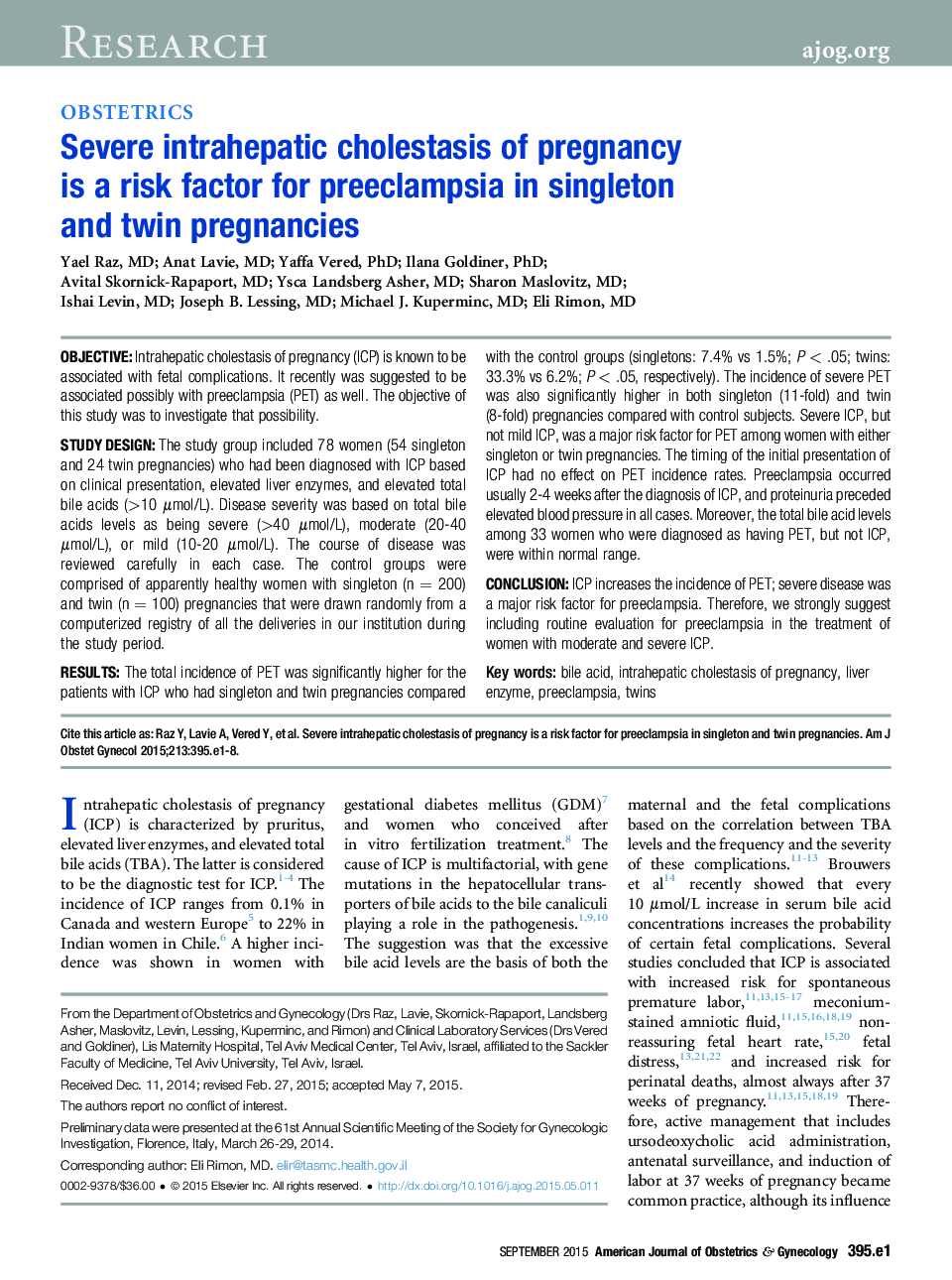 Severe intrahepatic cholestasis of pregnancy is a risk factor for preeclampsia in singleton and twin pregnancies