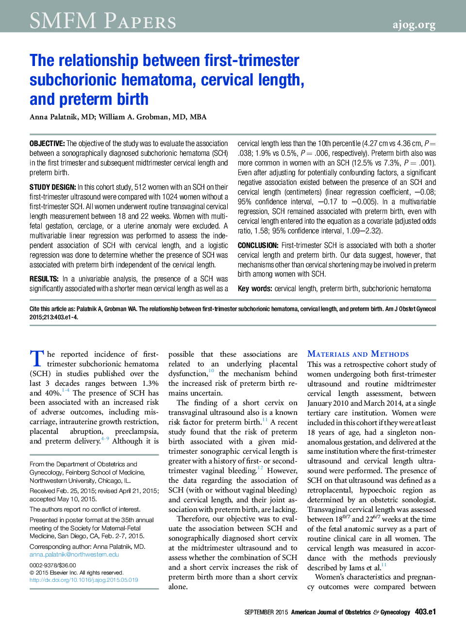 The relationship between first-trimester subchorionic hematoma, cervical length, and preterm birth