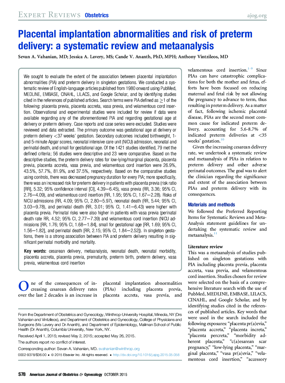 Placental implantation abnormalities and risk of preterm delivery: a systematic review and metaanalysis 