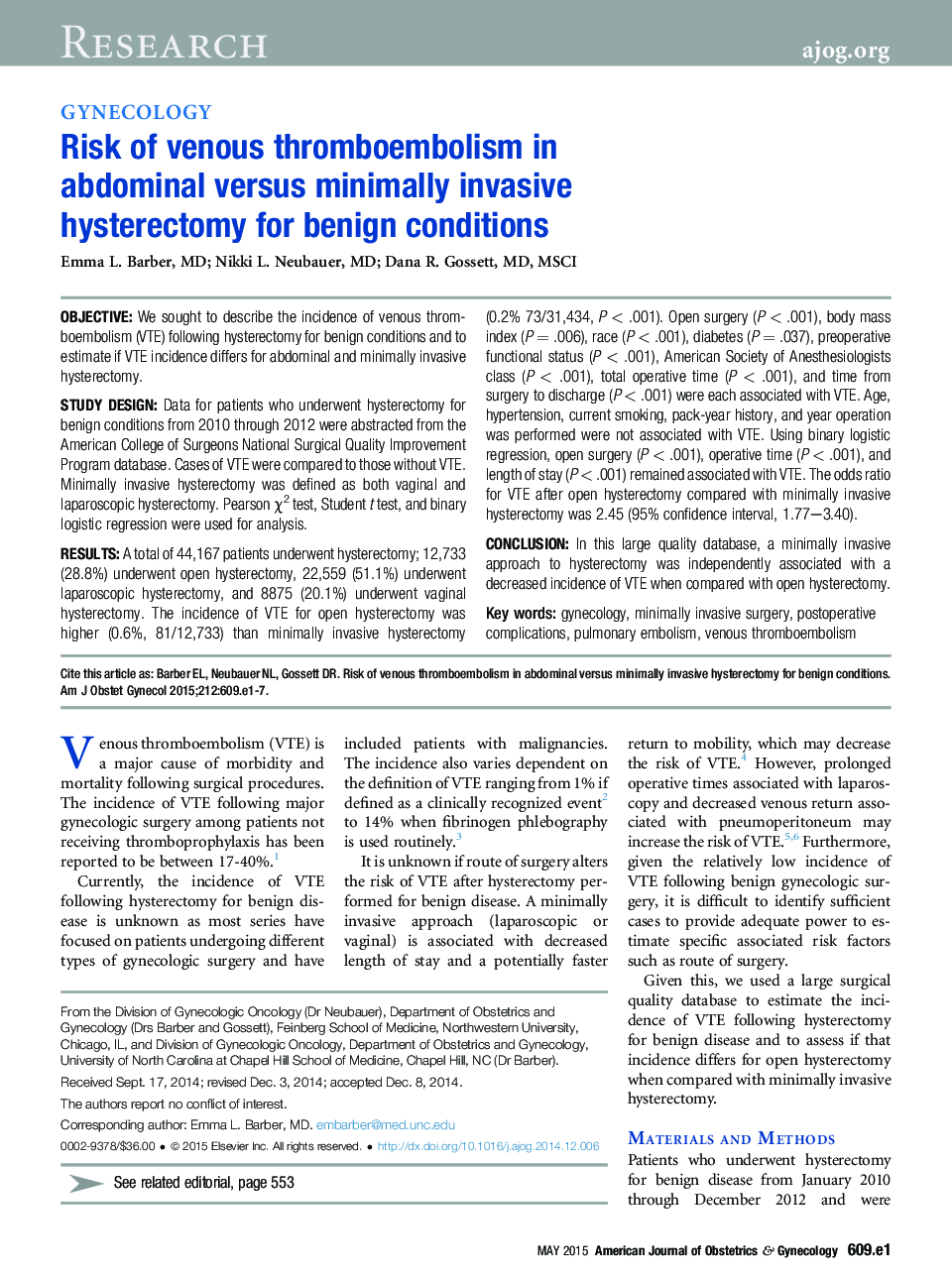 Risk of venous thromboembolism in abdominal versus minimally invasive hysterectomy for benign conditions