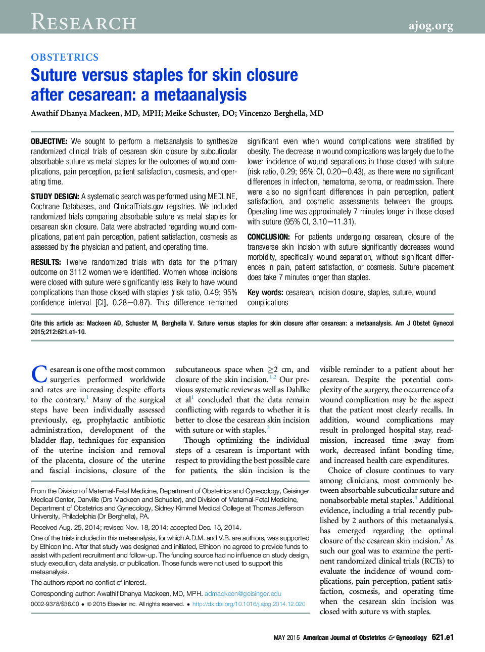 Suture versus staples for skin closure after cesarean: a metaanalysis