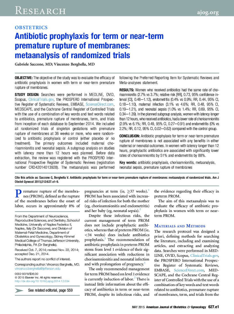 Antibiotic prophylaxis for term or near-term premature rupture of membranes: metaanalysis of randomized trials