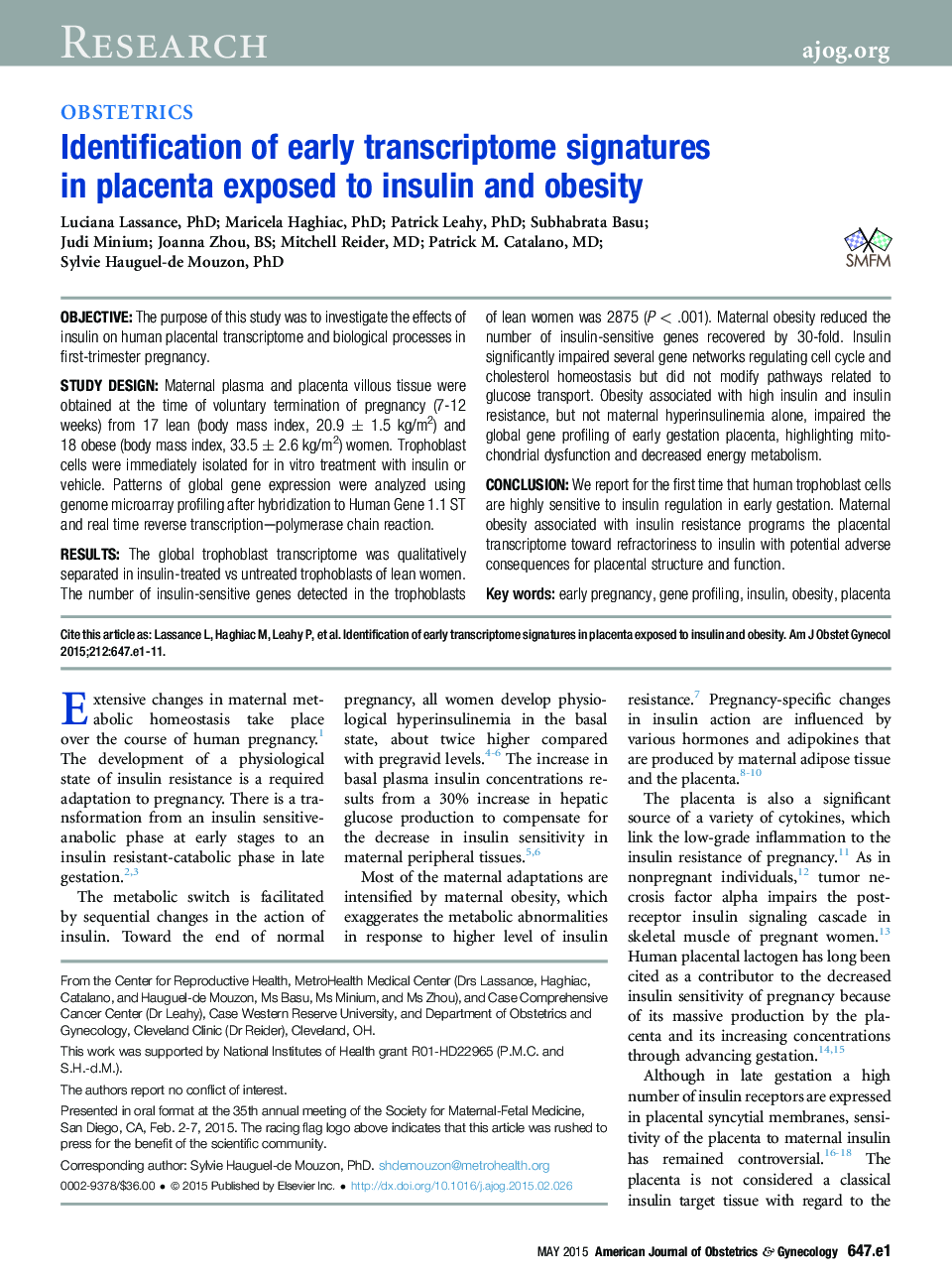 Identification of early transcriptome signatures in placenta exposed to insulin and obesity