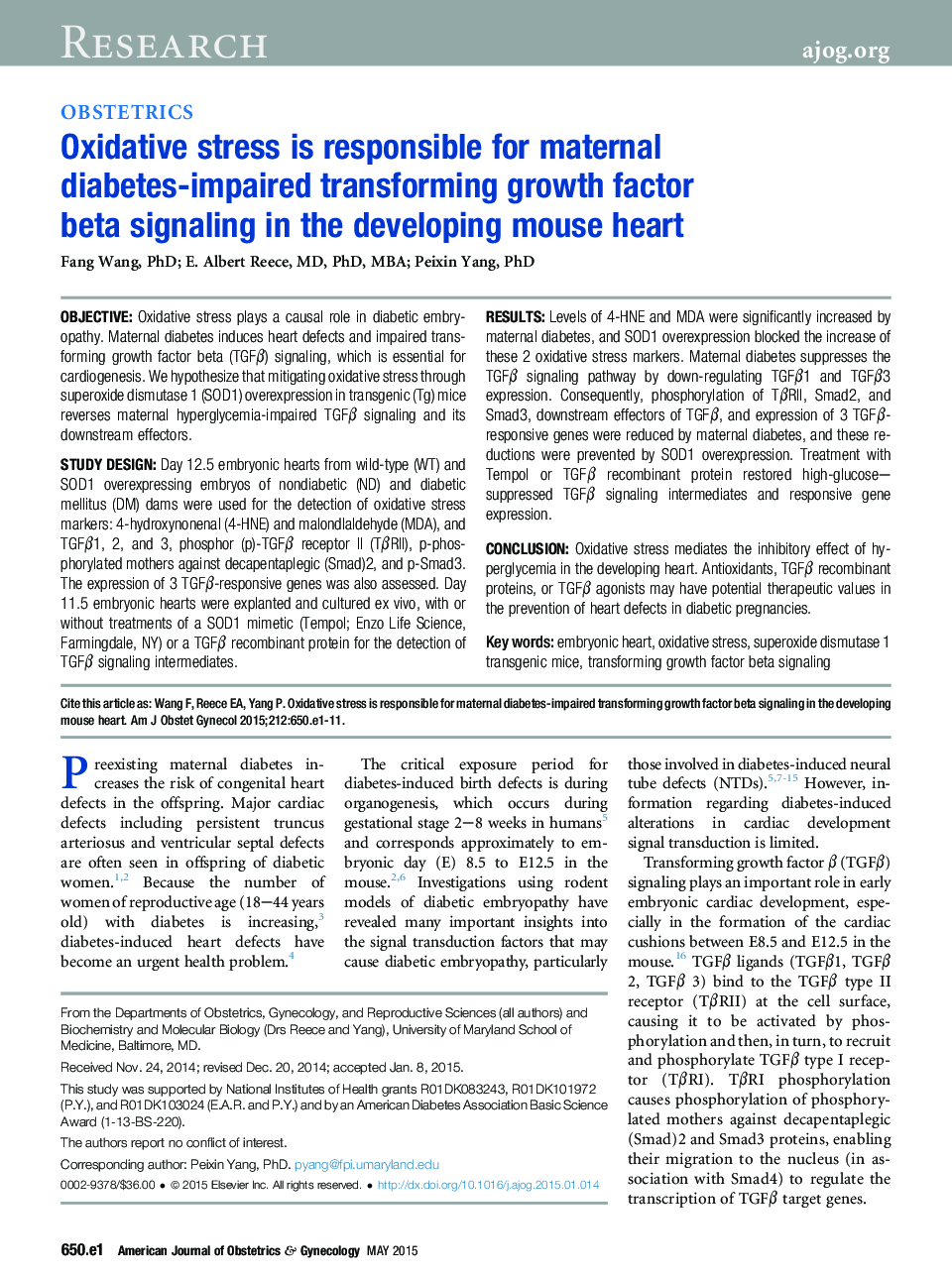 Oxidative stress is responsible for maternal diabetes-impaired transforming growth factor beta signaling in the developing mouse heart