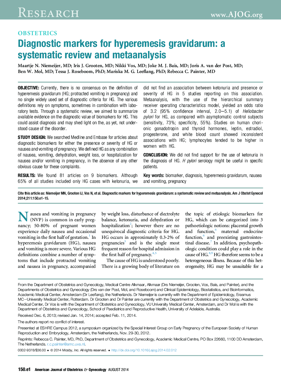 Diagnostic markers for hyperemesis gravidarum: a systematic review and metaanalysis