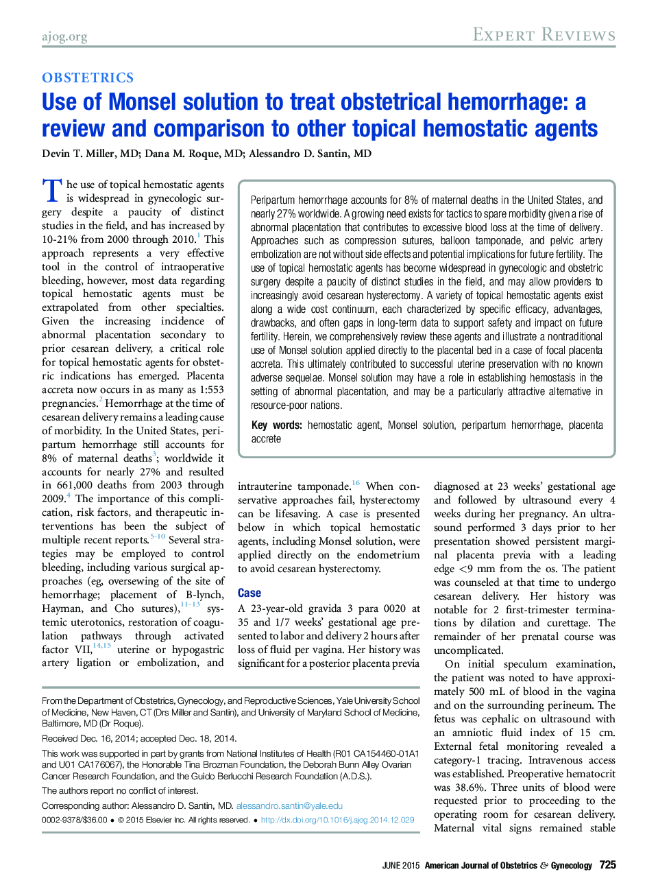 Use of Monsel solution to treat obstetrical hemorrhage: a review and comparison to other topical hemostatic agents 