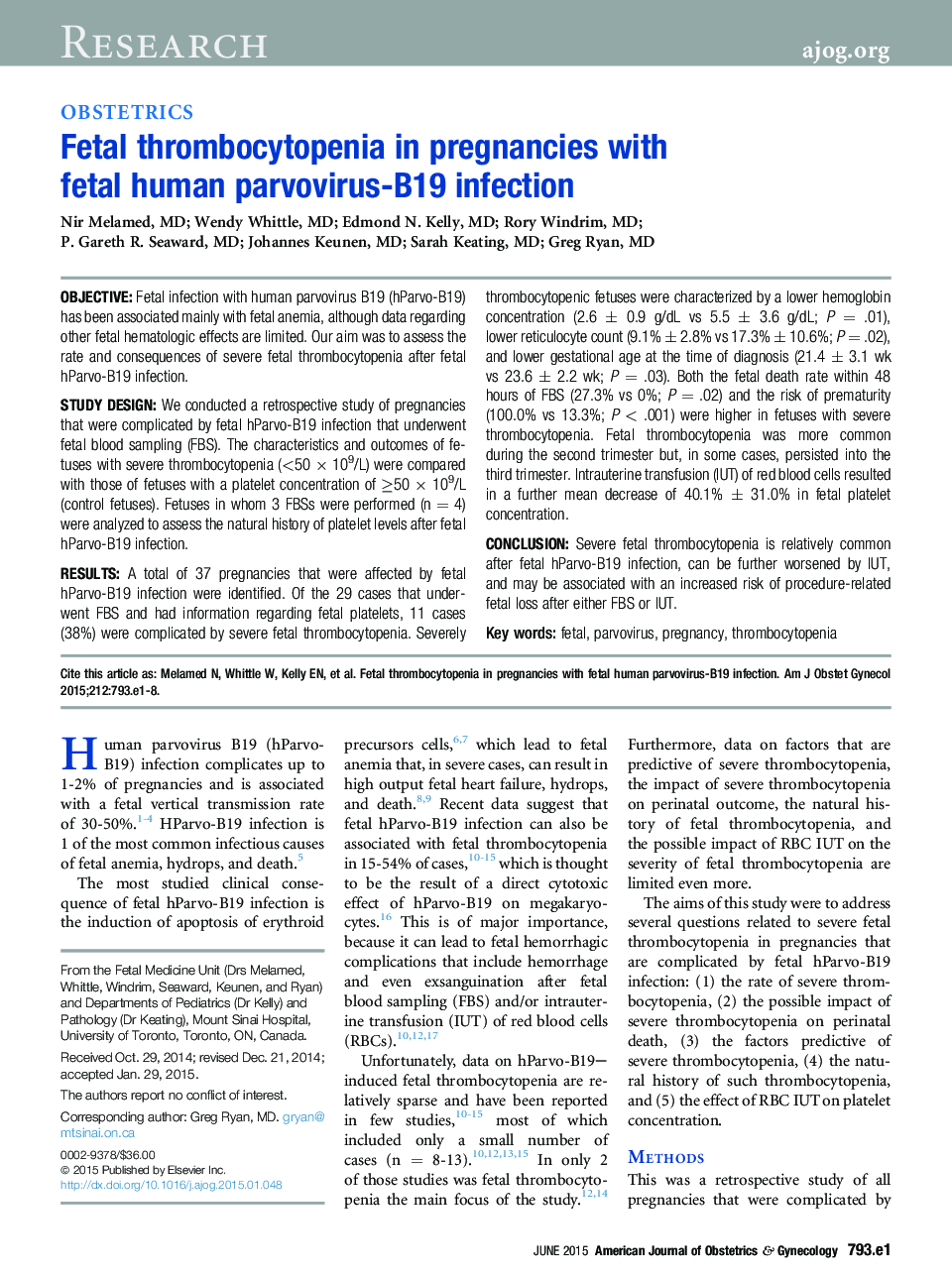 Fetal thrombocytopenia in pregnancies with fetal human parvovirus-B19 infection