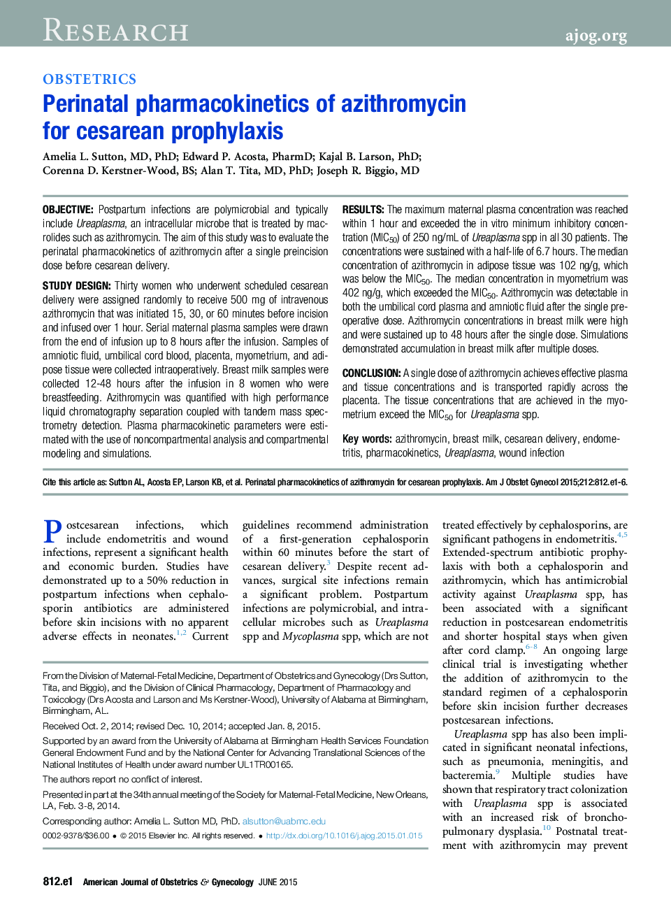 Perinatal pharmacokinetics of azithromycin for cesarean prophylaxis