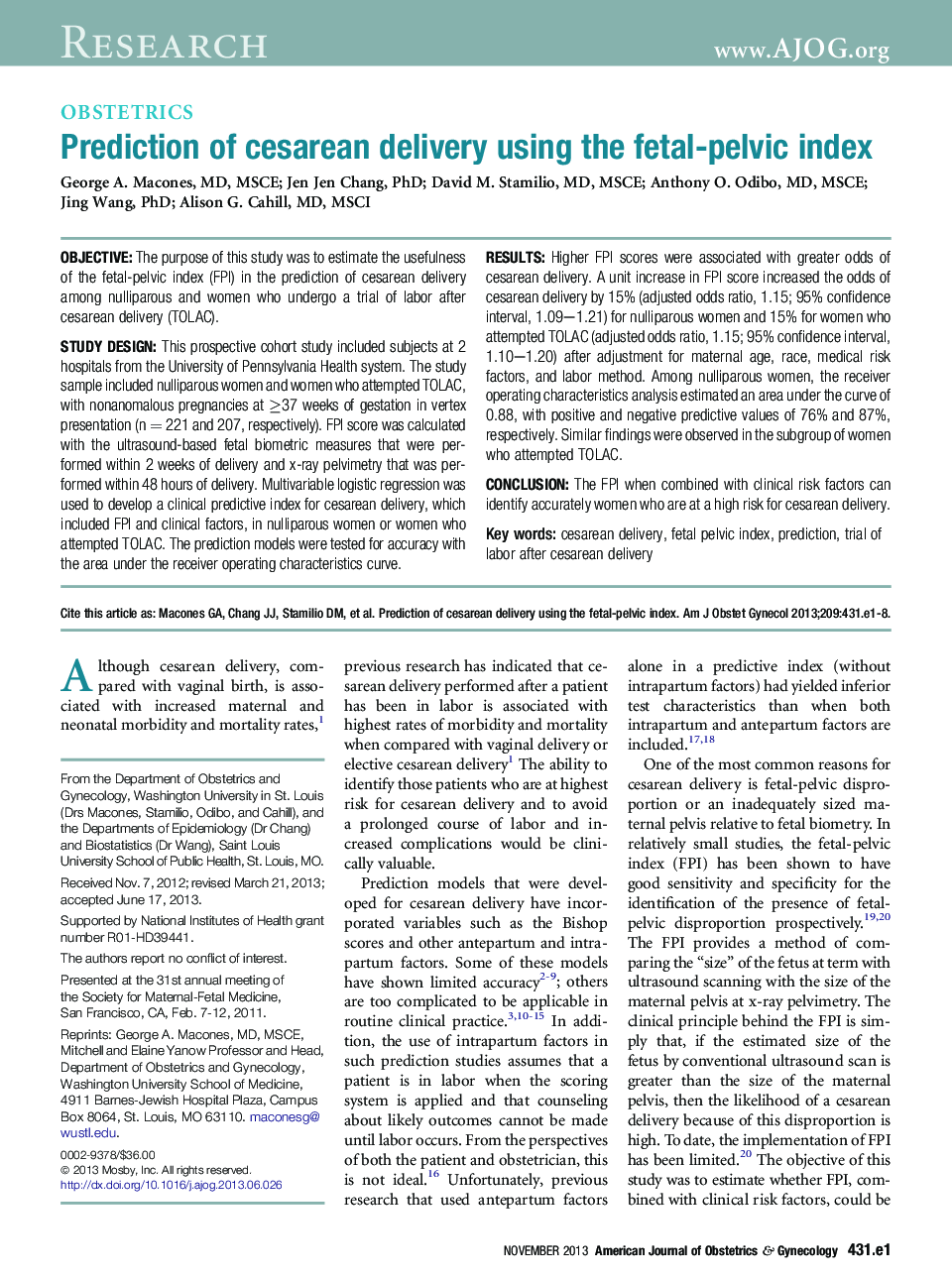 Prediction of cesarean delivery using the fetal-pelvic index