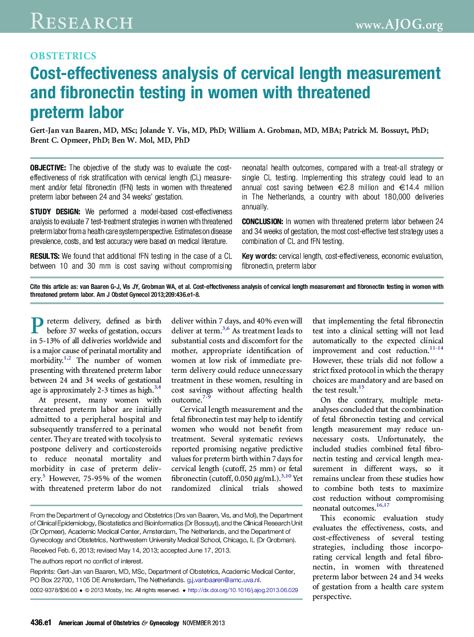 Cost-effectiveness analysis of cervical length measurement and fibronectin testing in women with threatened preterm labor