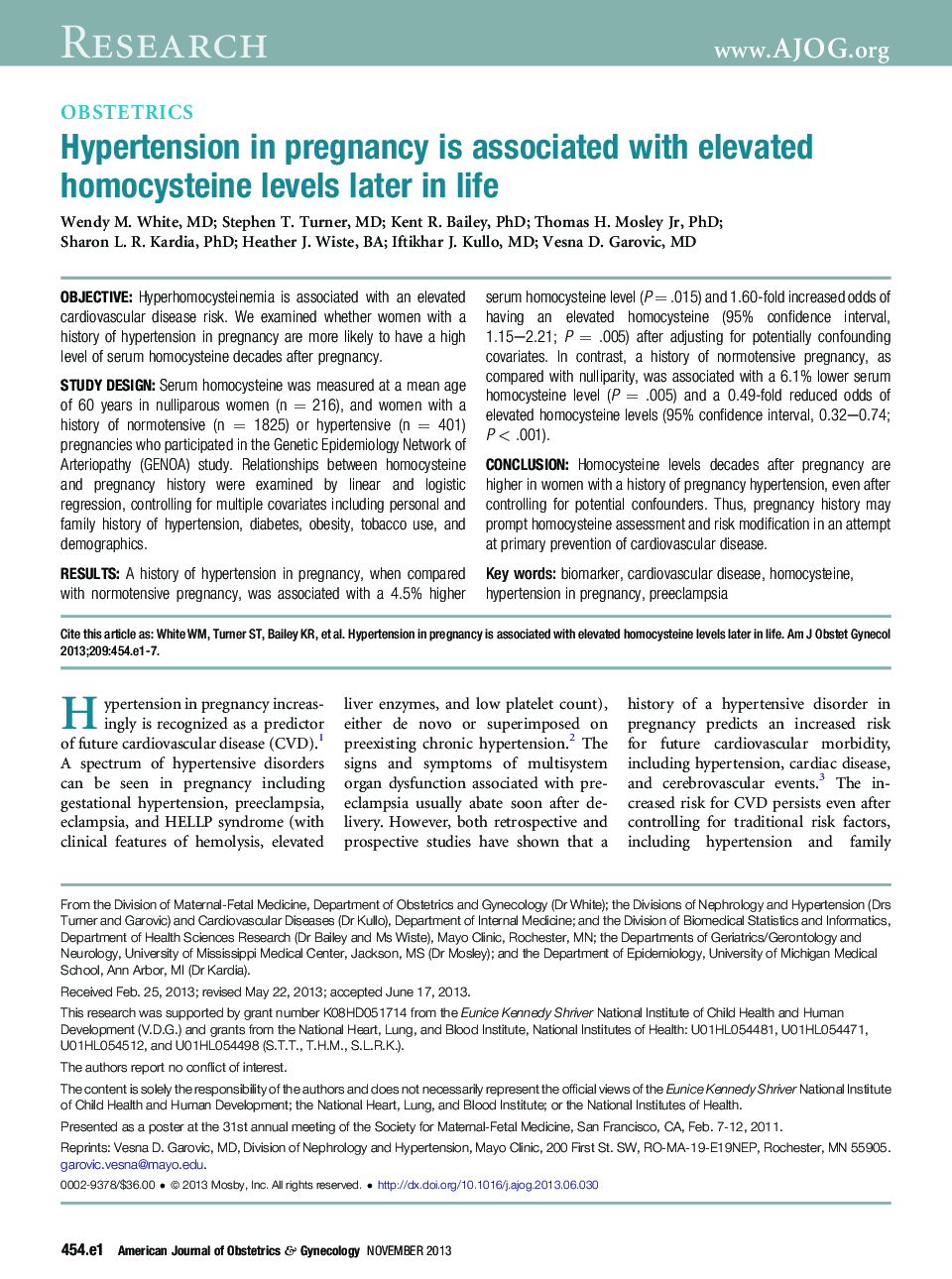 Hypertension in pregnancy is associated with elevated homocysteine levels later in life