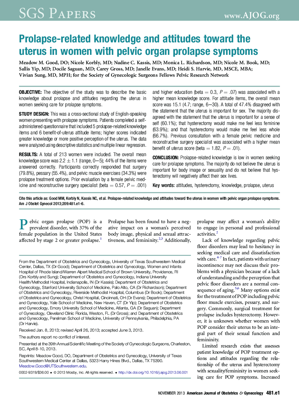 Prolapse-related knowledge and attitudes toward the uterusÂ in women with pelvic organ prolapse symptoms