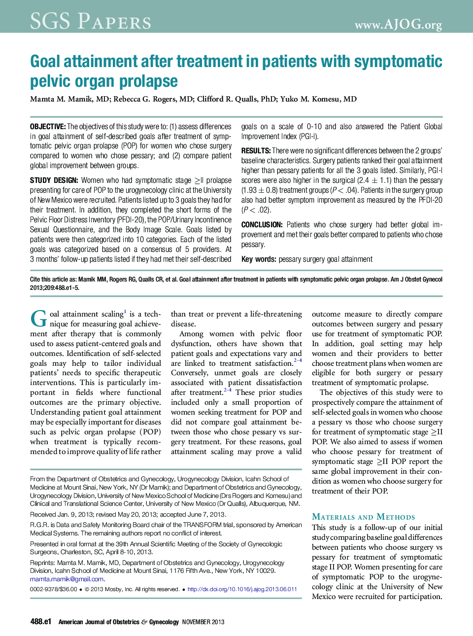 Goal attainment after treatment in patients with symptomatic pelvic organ prolapse