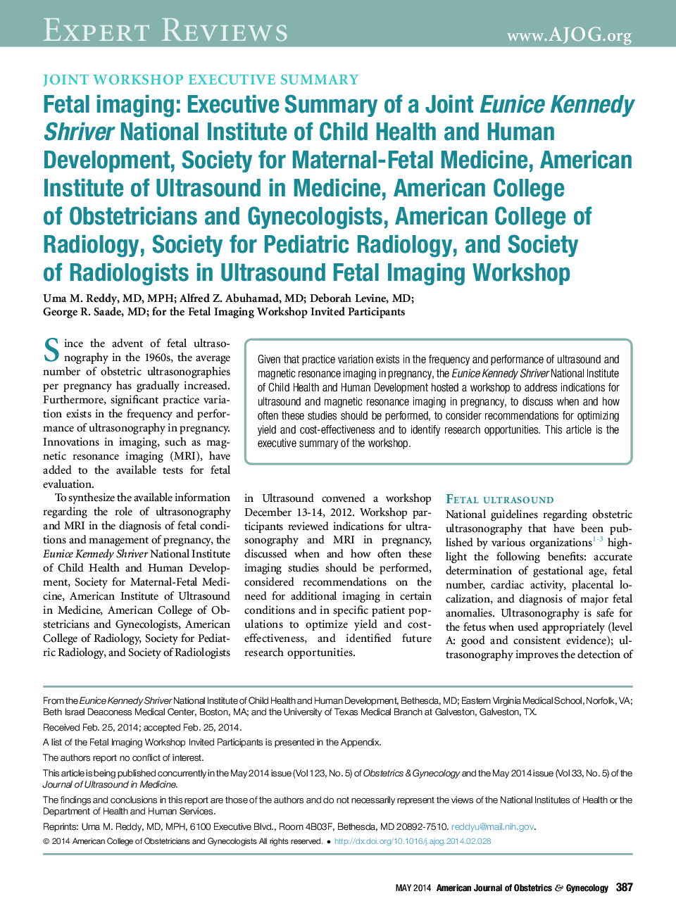 Fetal imaging: Executive Summary of a Joint Eunice Kennedy Shriver National Institute of Child Health and Human Development, Society for Maternal-Fetal Medicine, American Institute of Ultrasound in Medicine, American College of Obstetricians and Gynecolog
