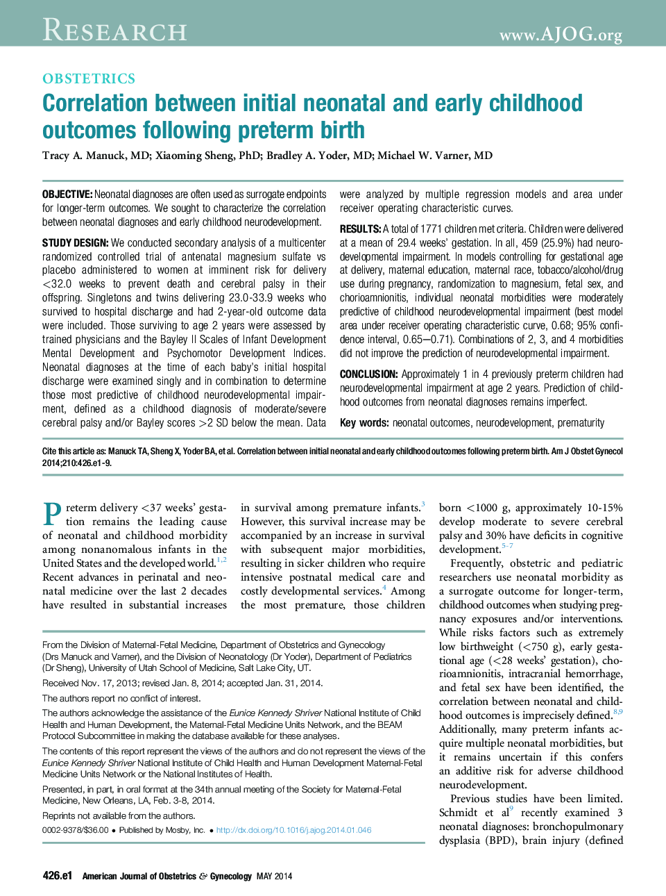 Correlation between initial neonatal and early childhood outcomes following preterm birth