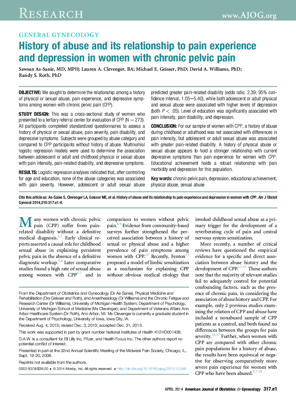 تاریخ سوء استفاده و ارتباط آن با تجربه درد و افسردگی در زنان مبتلا به درد مزمن لگن 