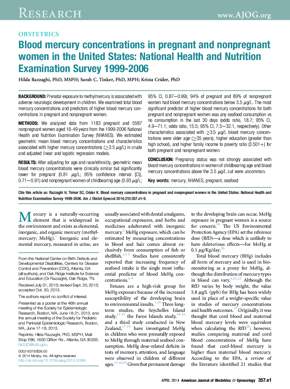 غلظت جیوه خون در زنان باردار و غیر باردار در ایالات متحده: بررسی ملی بهداشت و تغذیه سال 1999-2006 