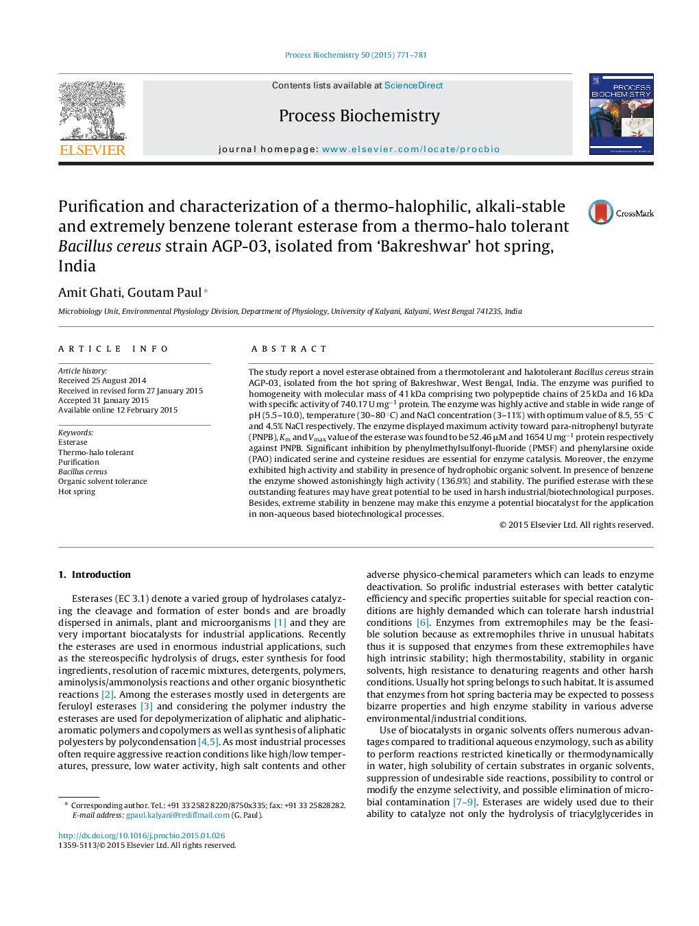 Purification and characterization of a thermo-halophilic, alkali-stable and extremely benzene tolerant esterase from a thermo-halo tolerant Bacillus cereus strain AGP-03, isolated from ‘Bakreshwar’ hot spring, India