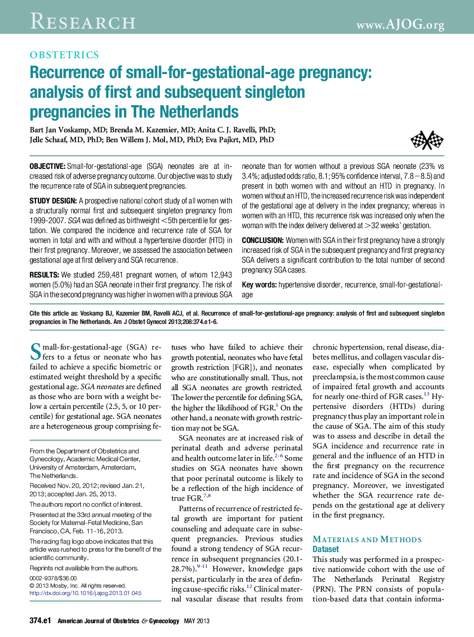 Recurrence of small-for-gestational-age pregnancy: analysis of first and subsequent singleton pregnancies in The Netherlands