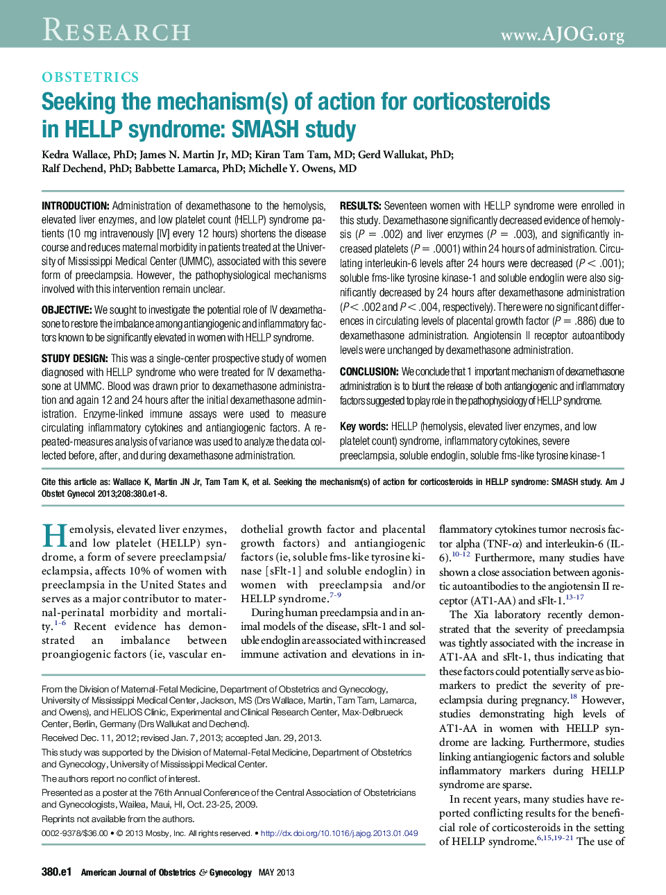 Seeking the mechanism(s) of action for corticosteroids in HELLP syndrome: SMASH study
